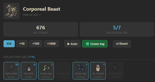 Corporeal Beast collection log with the Elysian sigil drop in RuneBuddy