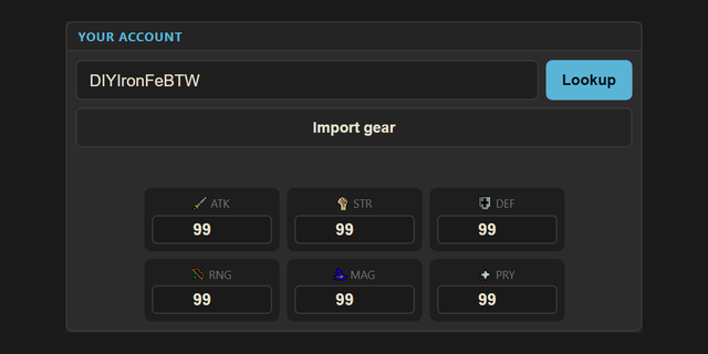 Entering a RuneScape username to import stats and gear