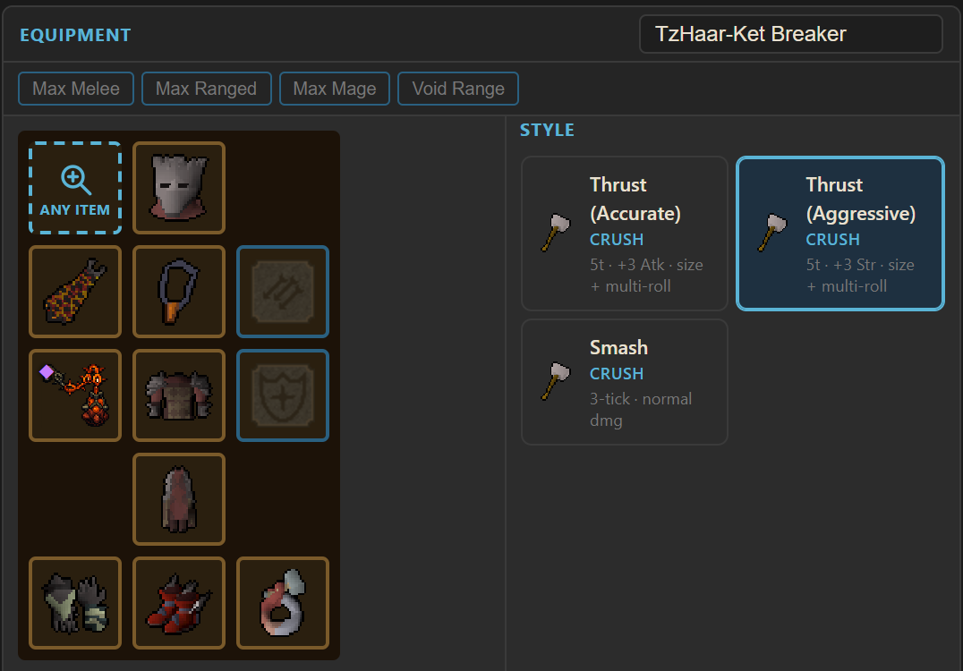 Max-melee loadout with the unreleased TzHaar-Ket Breaker equipped, hitting 8.00 DPS, 73 max hit and 65.75% accuracy on Alchemical Hydra in RuneBuddy
